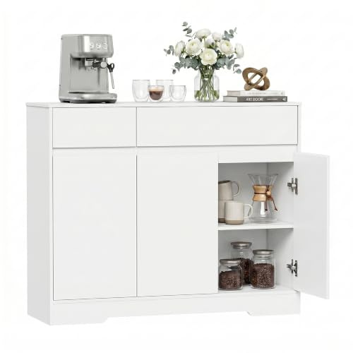 YOUDENOVA Sideboard 100 cm mit 2 Schubladen, 3 Türen und Einlegeböden, Weiß | Verstellbare Einlegeböden, großzügiger Stauraum für Geschirr und Küchenutensilien, ideal für Küche, Esszimmer oder Wohnzimmer