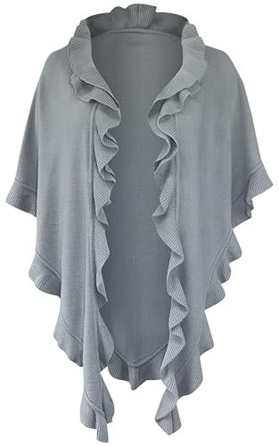 Poncho Cape Trachtentuch Umhang Stola Schultertuch Trachten-Tuch Damen Strickponcho Tracht Strick Trachtenponcho gestrickt Überwurf Volants Rüschen Schal Cashmink, Farbe:hellgrau