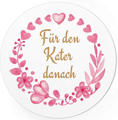 24 runde Design Etiketten - Für den Kater danach - Aufkleber für Gastgeschenke - Motiv: Rosa Aquarell Blumen mit Herzen
