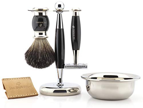 Jag Shaving Luxus-Rasierset für Herren, mit doppelseitigem Rasierhobel, Rasierpinsel, Rasierpinsel, Ständer, Schale und Lederetui für Rasierhobel