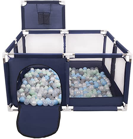 Selonis Laufstall Mit Korb Und 400 Bälle Laufgitter Für Kinder, Blau:Perle/Grau/Transparent/Babyblau/Minze