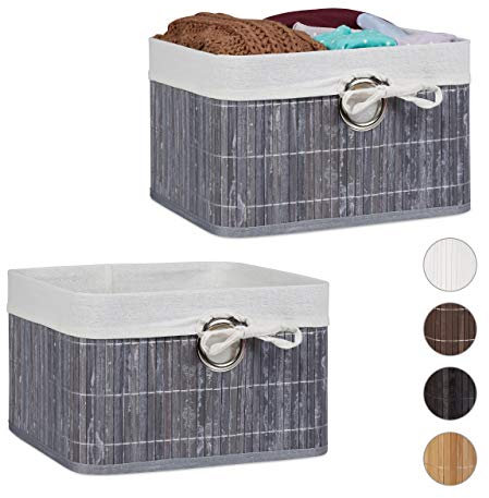 2 x Aufbewahrungskorb, Stoffbezug, Bambus, rechteckig, Bad, Accessoires, Spielzeug, HxBxT: 20x31x31cm, Regalkorb, grau