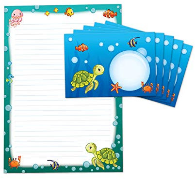 Briefblock mit Umschlag für Kinder Schildkröte Briefpapier-Set (Block A4 mit 25 Blätter + 15 Umschläge)