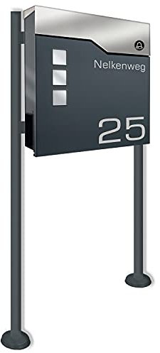 Zalafino Standbriefkasten mit FUNKKLINGEL ANTHRAZIT - aus pulverbeschichtetem Stahl - mit Zeitungsrolle, Sichtfeldern und Standfuß …