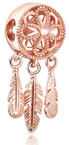 Annmors Rosa Spiritueller Traumfänger 14K Roségold Plattiert Charms für Armband 925 Sterling Silber Anhänger