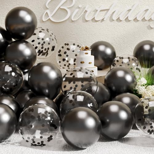SUWEN 47Stk Schwarze Metallic Konfetti Ballons Set | Glänzend Latex Helium Schwarz Ballon für Geburtstag Abschluss Jubiläum Party Dekorationen