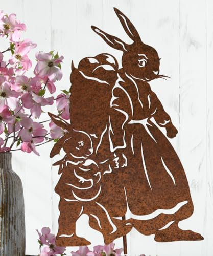 Terma Stahldesign Edelrost Osterhäsin und Hasenkind 48 cm mit Spieß Handmade Germany, tolle gartendeko aus Rost-Metall, deko rostoptik, Rostfiguren Tiere, rostfiguren Garten, Rostdeko