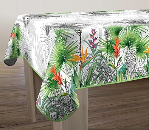 Le linge de Jules Nappe Anti-Taches Fleur de Paradis - Rectangle 150 x 300 cm Noir, Vert, Rose, Orange, Blanc