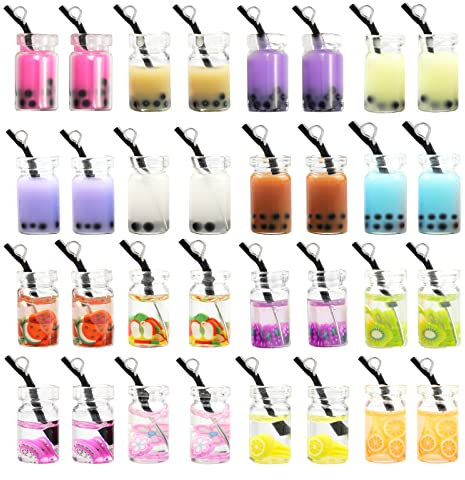Hocadrv 32 Stück Milch Tee Charms Anhänger Harz Handwerk Charms Bubble Tea Boba Tea Anhänger Niedliches Dekoratives Zubehör für DIY Ohrringe Halskette Schlüsselbund (Gemischt)