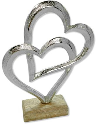 Metall Figur Zwei Herzen auf Holz-Fuß 19 x 25cm Dekofigur Tisch-Deko Metallherz Skulptur