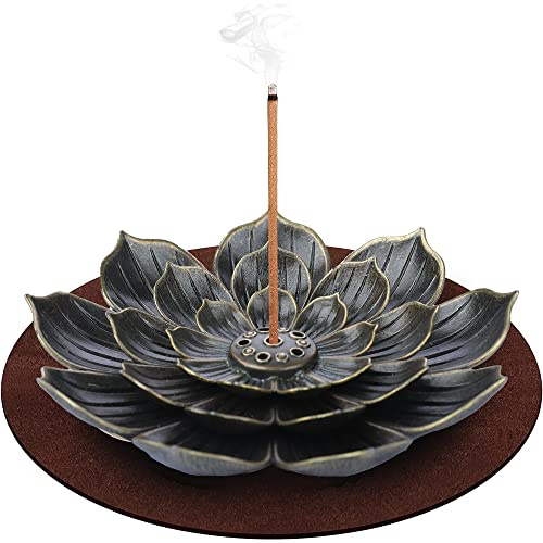 DK177 Porta incenso in ottone, bruciatore di incenso a forma di loto, porta bastoncini di incenso, porta incenso per bastoncini, con raccogli cenere staccabile e tappetino, per casa, ufficio, yoga