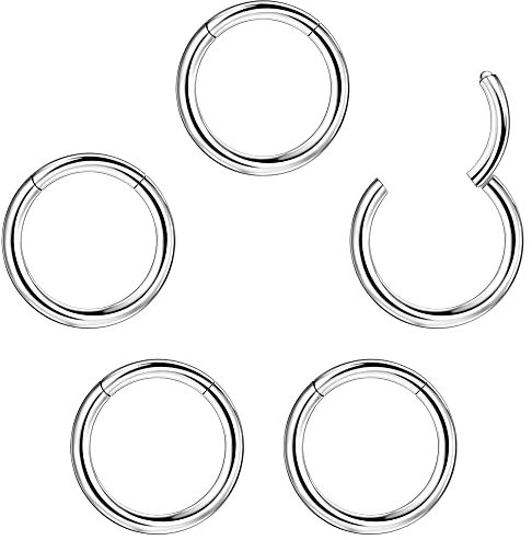 PunkTracker 5Pcs 316L Surgical Steel Hinged Nose Rings Hoop Septum Ring Body Piercing Lip Rings Helix Cartilage Rook Tragus Earrings 20G 18G 16G 6/7/8/9/10mm - Silver/Gold/Rose Gold/Black