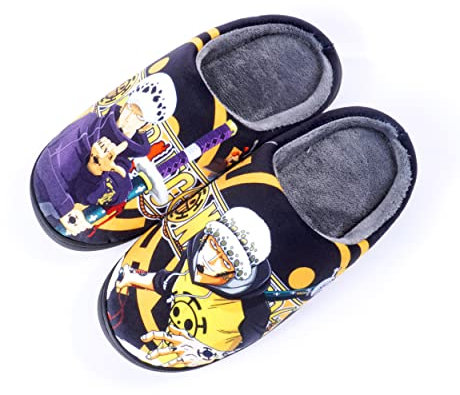 Roffatide Anime One Piece Fuzzy Slippers Trafalgar Law Closed Toe Open Back Slippers with Rubber Sole House Slippers Non-Slip Indoor Plush Shoes for Women 10-11/ Men 10.5-11.5