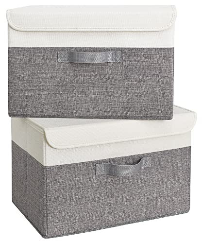 GRANNY SAYS Storage Boxes with Lids, Pack of 2 Decorative Storage Boxes with Lids for Shelves, Lidded Fabric Baskets for Organising Clothes, Pretty Wardrobe Organiser, White&Grey, 40 x 26 x 25.5 cm