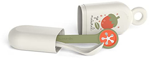 Suavinex, On the Go, Set Couverts Bébé avec Cuillère + Porte-Cuillère + Porte-Bavoir. Pour manger à l'extérieur. Lavable au lave-vaisselle. Pour Bébés +4 Mois, Baies, Gris