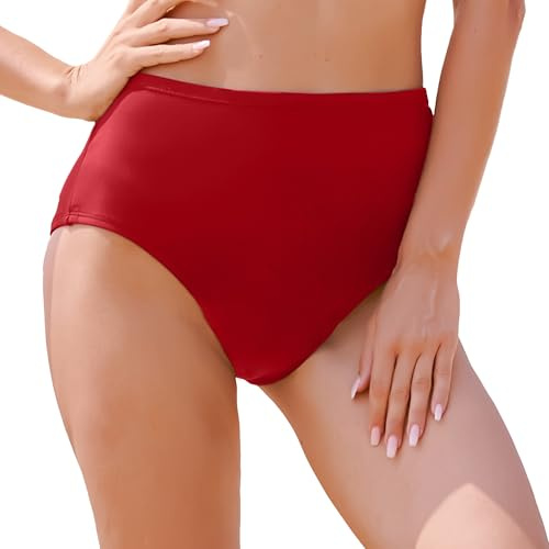 feitycom Period Swimwear-Menstrual Swimsuit Bikini Bottoms-High Waisted Leakproof Swim Bottoms for Teens Girls and Women (UK, Alpha, XXL, Regular, Regular, Red)