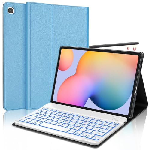 Samsung Galaxy Tab S6 Lite Case with Keyboard 10.4 Inch 2022/2020, 7 Color Backlit|Detachable Wireless Bluetooth Keyboard, Smart Folio Case for S6 Lite SM-P610/P613/P615/P619, Auto Sleep/Wake, Blue