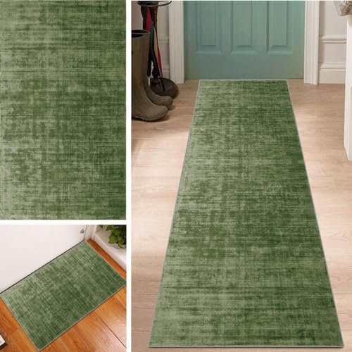 Lanmuvo Unifarbener Grün Läufer Flur Teppich Abstrakt 80x200cm rutschfest Waschbar Korridor Teppichmatten Küchenteppich Küchenläufer Teppichläufer Eingang Schlafzimmer Meterware Wohnzimmer