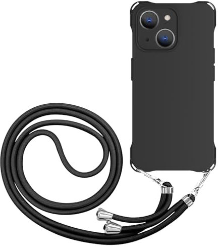 CAROKI Crossbody iPhone 15 Case, Lanyard Protective Liquid Silicone Case with Adjustable Length Detachable Lanyard Rope Shockproof Hands-Free Clear Phone Cover for iPhone 15-Black
