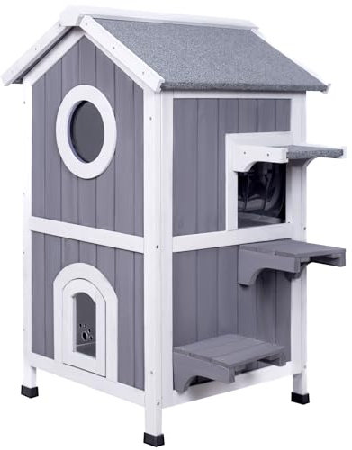GEGURI Outdoor Cat House Weatherproof, Wooden Two-Story Feral Cat Shelter with Openable Roof, Escape Door, Balcony