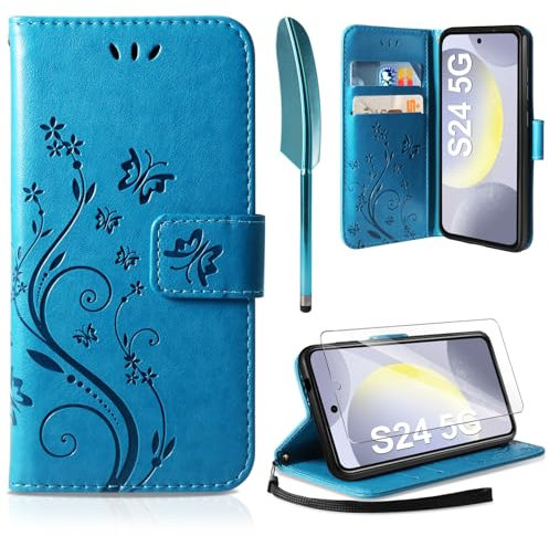 AROYI Lederhülle Kompatibel mit Samsung Galaxy S24 5G Hülle und Schutzfolie, Flip Wallet Handyhülle PU Leder Tasche Kartensteckplätzen Schutzhülle Kompatibel mit Samsung Galaxy S24 5G