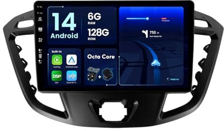 BXLIYER Android 14 - [6G+128G] - Autoradio für Ford Tourneo Transit Custom (2013-2021) - Kabellos CarPlay/Android Auto/DSP - Kamera & MIC - IPS 9 Zoll 2 Din - DAB Lenkradsteuerung Fast-Boot 360-CAM