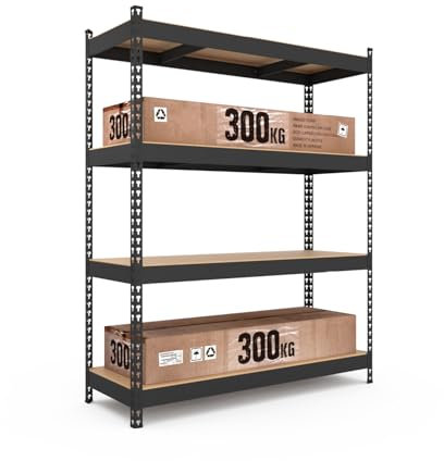 baudim Schwerlastregal Titan Gesamtlast 1200 kg 4 MDF-Böden Schwarz robuste Steckregal, 180x160x60 cm, Lagerregal, Kellerregal, Garagenregal, Werkstattregal