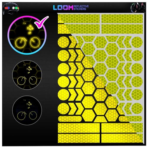 LOOM Fahrrad Reflektoren Aufkleber Set | 67 stk Brilliant fluor gelb-grün | German Oralite Qualität | Reflektoren fahrrad | Wasserdicht | Für Helm, Auto, Anhänger, Reflektoren schulranzen kinder