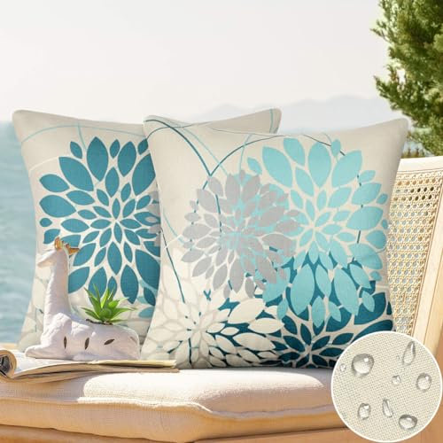 DecorMommt Outdoor Kissen Wetterfest Kissenbezug 40x40cm Dahlie Dekorativ Kissenbezüge Modernes Leinen Sofakissen Sommer Blumen Kissenbezüge Quadratischer für Home Cafe Garten Wohnzimmer Sofa（Cyan）