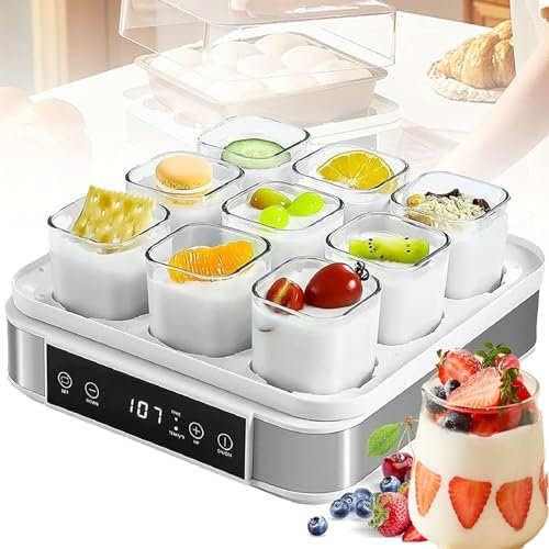 Yogurtera digital automática de 9 tarros, máquina de yogur de fermentación pequeña con pantalla LCD, fermentador de masa, control de temperatura y tiempo ajustable, diseño visible de 360°, for vino de