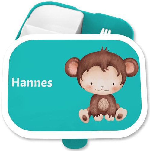 Brotdose Kinder Campus für Mepal - Süßer Affe mit Name personalisiert I Niedliches Affenmotiv - 750 ml - Türkis - affen niedliche fächern