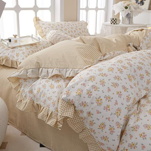 LifeTB Rüschen-Bettwäsche-Set mit Blumenmuster, Twin-XL, Vintage-Bettwäsche-Set für Mädchen und Frauen, wendbar, gelb, kariert, Boho-Blumen, Tröster-Set für alle Jahreszeiten, 1 Rüschendecke mit 2