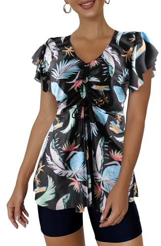 ECUPPER Womens Tankini Swim Dress with Sleeves Modest Two Piece Swimsuits Tummy Control Bathing Suit Floral Printed Swim Tops and Shorts Black XL
