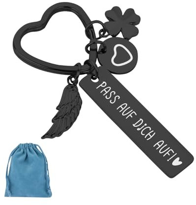ORUZA Schlüsselanhänger Pass Auf Dich Auf - Glücksbringer Metall Mit Gravur für Frauen, Freundin, Freund, Mama, Papa, Tochter, Schwestern, Freunde, Schwarz