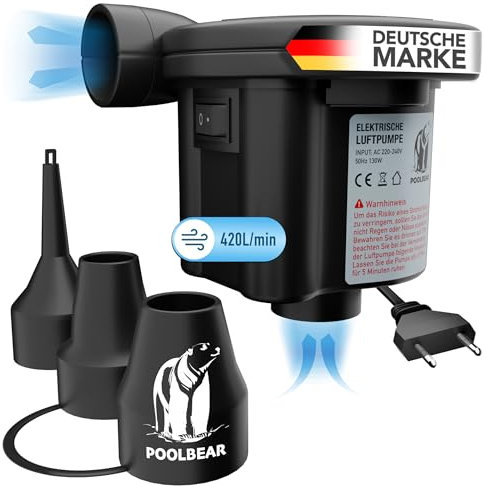PoolBear | 2in1 Elektrische Luftpumpe | Elektro-Luftpumpen für Pool, Luftmatratze, Schlauchboot & Pool Mattress | Electric Air Pump mit 3 Aufsätzen
