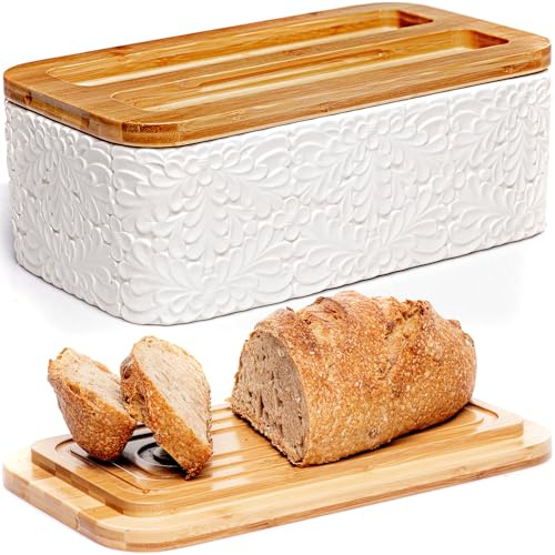 Panera de cerámica grabada para encimera de cocina, recipiente multiusos para almacenamiento de pan con tapa gruesa de bambú para cortar, elegante panera con grabado inspirado en la naturaleza, 13.8 x