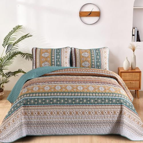 WONGS BEDDING Grün Braun Tagesdecke 220x240cm Boho Bettüberwurf Decke Steppdecke 3 teilig Doppelbett Gesteppt Bettdecke Mikrofaser Wohndecke mit 2 Kissenbezug 50x75 für Schlafzimmer Sofaüberwurf