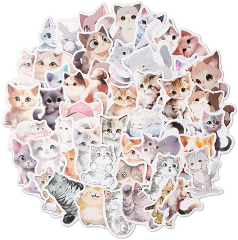 Volumoon Pegatinas de Gato, Lindo Juego de 50 Pegatinas de Gatos Kawaii, Pegatinas Impermeables de Vinilo Autoadhesivas para Álbumes de Recortes, Botellas de Agua, Teléfono (Forma de Gato)