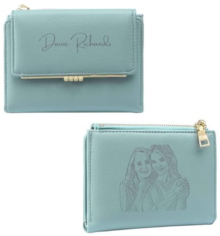 RolaOnly Portefeuille Femme Personnalisé Photo et Nom Portefeuille avec Pochette de Monnaie Porte-Cartes Cadeau pour Femme Anniversaire Noël (Bleu)