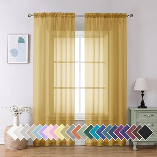 Aiyufeng Goldfarbener Vorhang, 228,6 cm lang, 2 Paneele, lichtfilternd, goldfarben, Fenstervorhang, Vorhänge für Küche, Schlafzimmer, Kinderzimmer, Doppelstangentasche, 2 Stück 106,7 x 228,6 cm