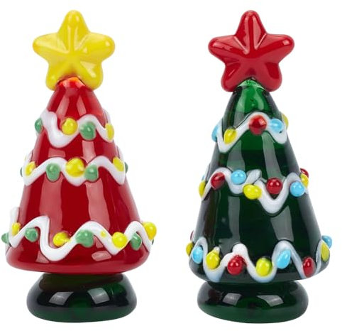 MAYJOYDIY 2Pcs Colored Glass Christmas Tree 56.5mm Red & Green Crystal Glass Christmas Ornaments with Star Display Glass Pine Tree Holiday Table Tree for Xmas Window Tabletop Mantel Decoration