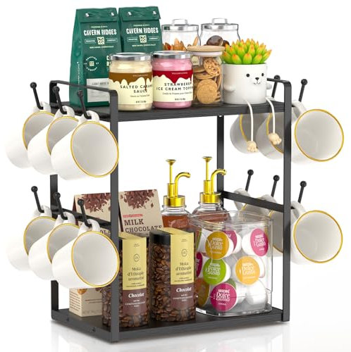 EsLuker.ly 2 Tier Coffee Bar Organiser for Home Office, Multi-functional Countertop Mug Holder Display Stand Rack, Coffee Station Accessory Storage Shelf with 12 Hooks, Black