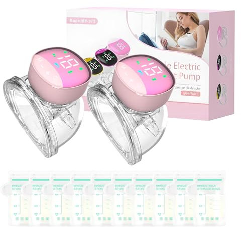 Tiralatte Elettrico Indossabile Portatile ,4 Modalità e 12 Livelli,Tiralatte Neonati Elettrico con Display LCD, Silenzioso Indolore,10 Sacchetti per la Conservazione del Latte Gratuiti (rosa(2pcs))
