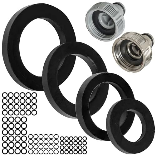 Ersatz Flachdichtungen Set, 100 Stück, für G 1/2 - 3/4 - 1 Garten Stecksysteme, kompatibel mit Gardena 21, 26,5, 33,3 mm Hahnverbinder, Ø 19 x 11, 21 x 15, 24 x 16, 30 x 20 mm, Gummi, Dichtung Kit