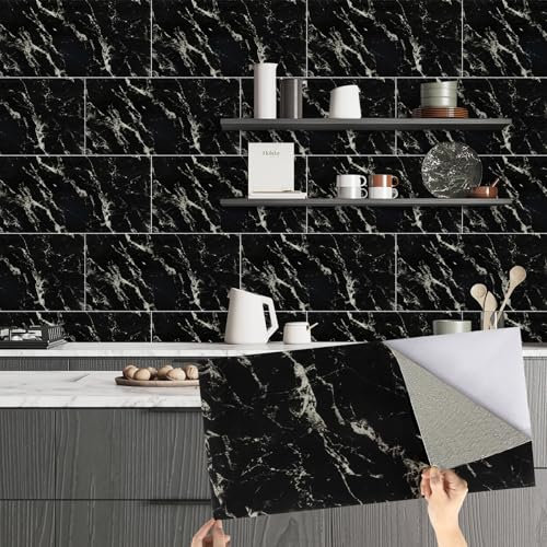 Alened Adesivi per piastrelle nere 30 x 60 cm/10 pezzi, effetto marmo, autoadesivi, autoadesivi, impermeabili, da attaccare su piastrelle da parete per cucina e bagno