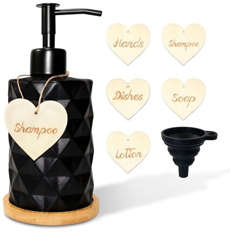 Seifenspender Schwarz Matt,Vintage Seifenspender Glas 330ml mit Edelstahl Pumpkopf Holz Unterlage Etiketten Spülmittelspender Küche Seifenspender Bad Duschgelspender für Handseifenspender Seife