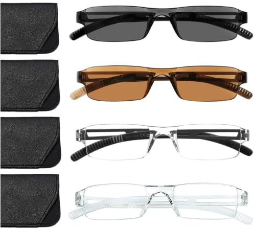 Hubeye 4er-Pack Rahmenlose Lesebrille für Damen Herren Sonnen Lesebrille Leicht und Bequem Anti Blaulicht Lesehilfe mit Brillenholster 1.00