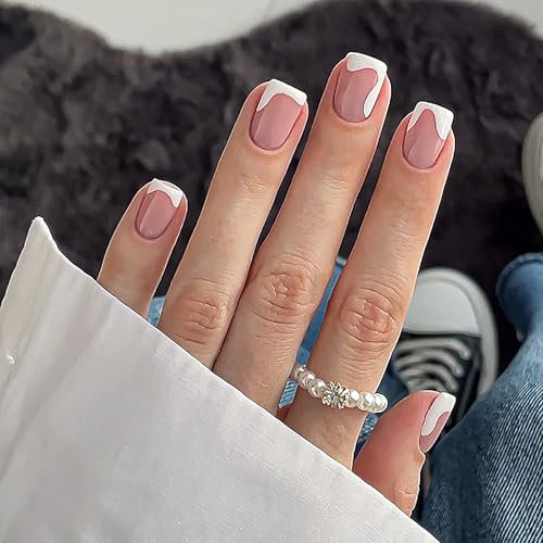 24Pcs False Nails French Tip - Extra Short Square Fake Nails with Glue - Misshape French Tip Press on nails - Strong Stick on Nails - Long Lasting nail tips for Women Girls Natural