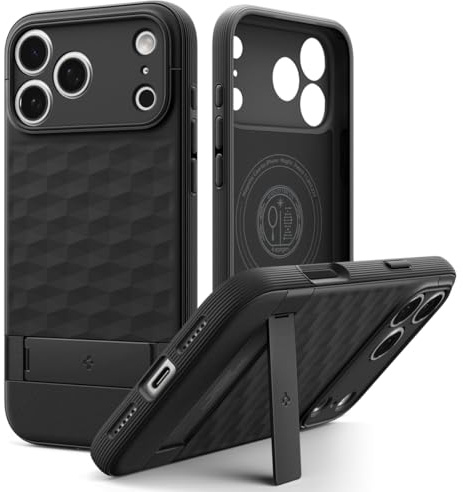 Spigen Parallax S MagFit Case for iPhone 17 Pro - Matte Black | MagSafe Compatible, 3D Geometric Design, Built-in Stand, Patented Air Cushion, MIL-STD-810H Military-Grade Drop Protection