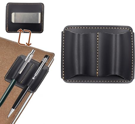 Simaixing Leather Pen Holder for Notebook, 2.9 x 2.3Inch Handmade Small Notebook Pen Holder with Clip, Double Slot Pencil Pen Sleeve for Journal, Book, Clipboard (Black)